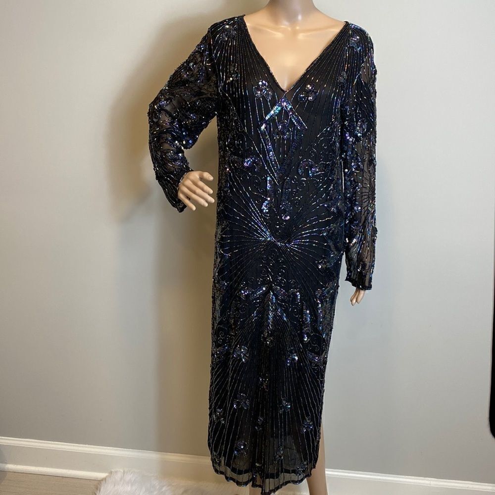 Vintage Beaded Pure Silk Black Evening Dress Art Deco Sequin Midi Size M - Picture 2 of 10